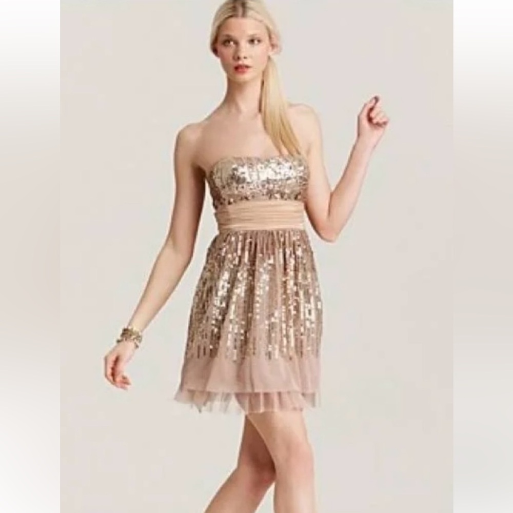 BCBGMaxAzria Strapless Gold Sequin Dress